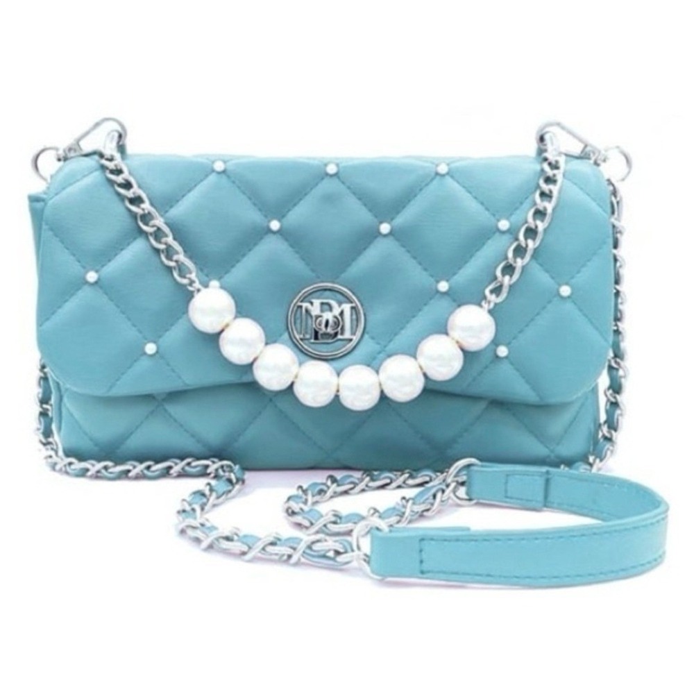 Badgley Mischka Studio Light Blue Vegan Leather Crossbody Bag Pearls Chain NWT